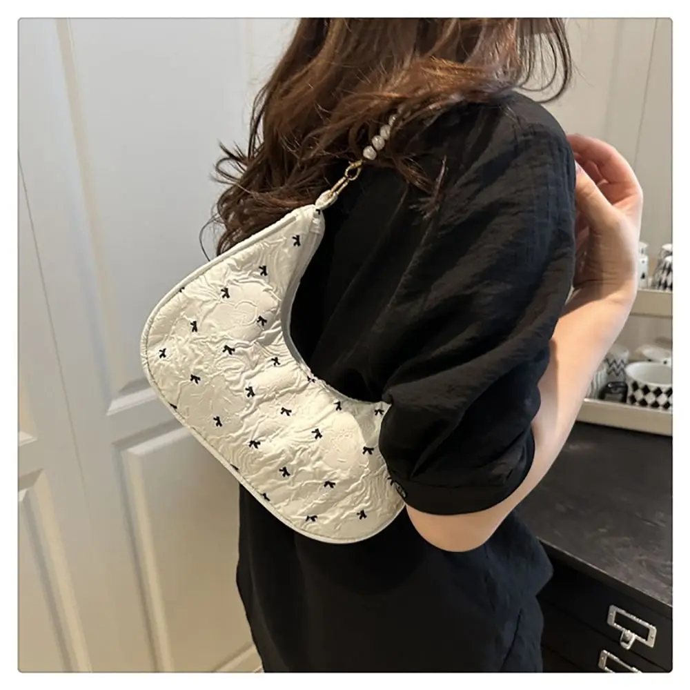 Trendy Multicolor One-shoulder Bag Bowknot Printed Beads Chain Underarm Bag Large Capacity Zipper Clouse Handhold Bag For Women