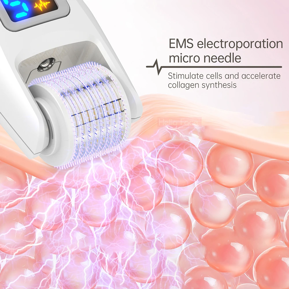 สวัสดีหน้าไมโครแบบไร้สายสำหรับใช้ในบ้านเข็มไทเทเนียม Derma 540เข็มชีวภาพ LED EMS ปรับเกียร์5ระดับพร้อมลูกกลิ้งขัดเท้า2ชิ้น