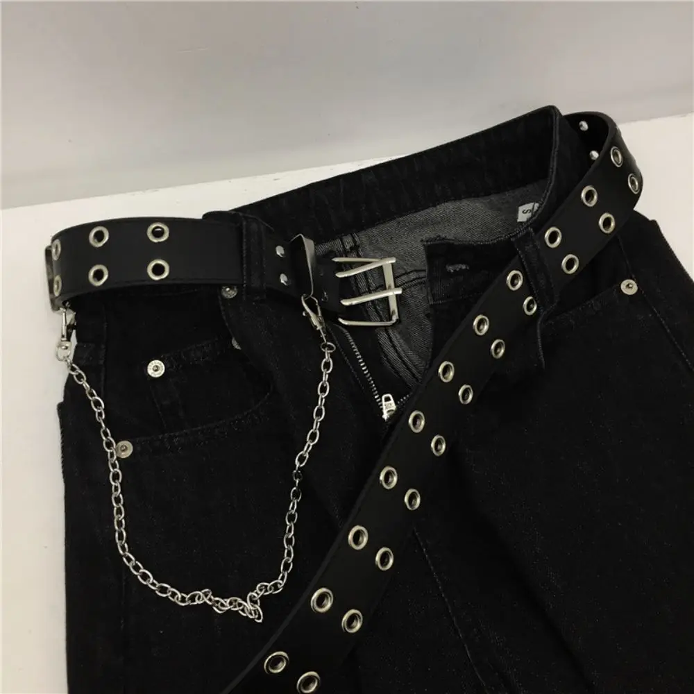 Damengürtel Trend Doppelringgürtel Doppelloch Öse Tülle Lederschnalle Punk Pin Gürtel Freizeitkleid Jeans Gothic Bund – Detail 7
