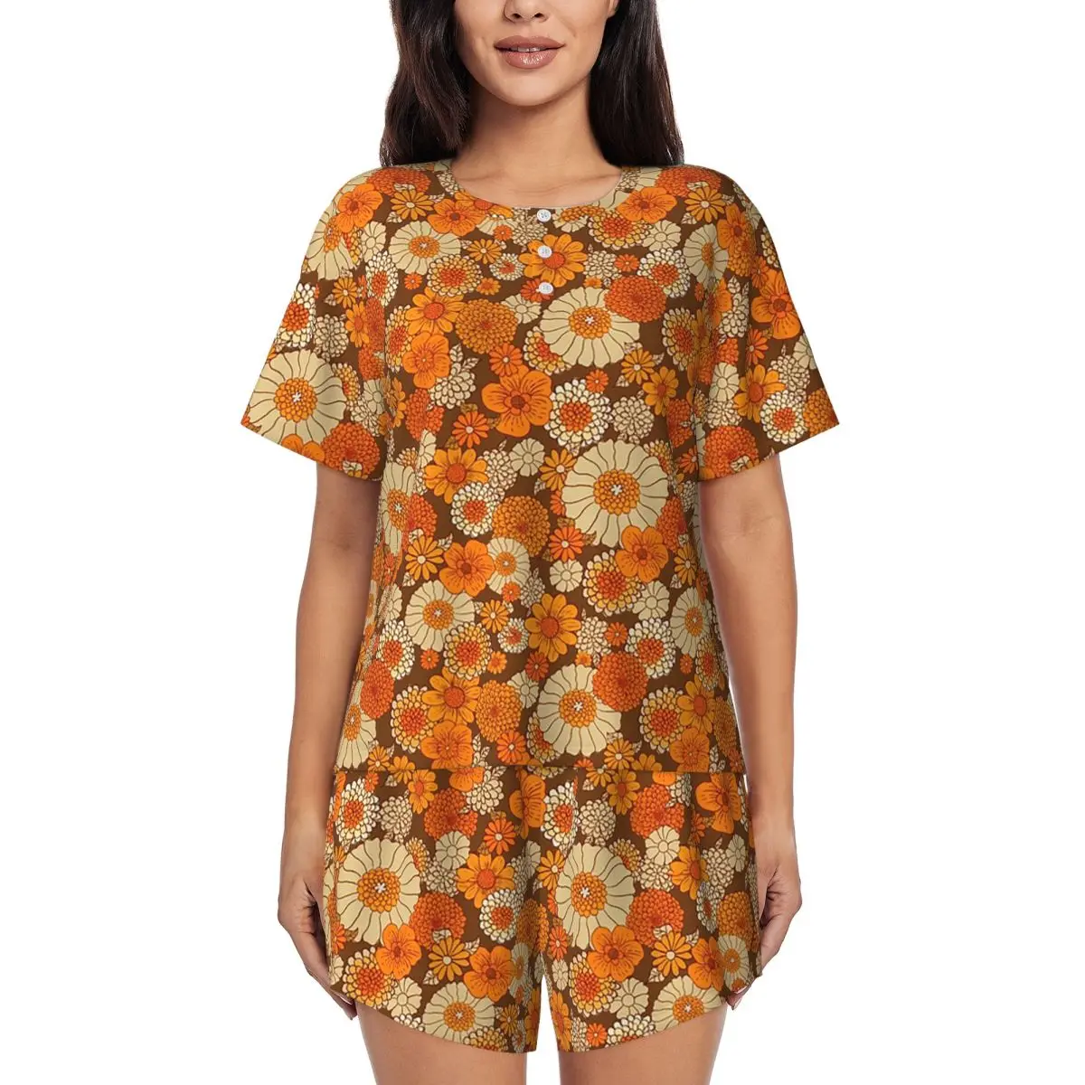 

Daisies Vintage Flower Power Orange And Brown Boho Round Neck Short Sleeves Nightdress for Sleeping Women Pajama Set Short Pants