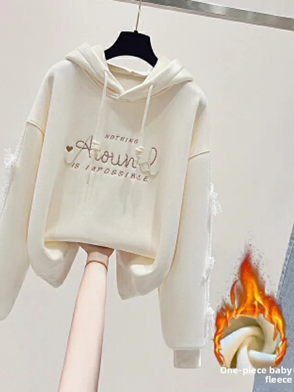 

Женская зимняя толстовка с кружевным узлом и вышивкой бисером, новый стиль, утепленная флисом, с длинными рукавами