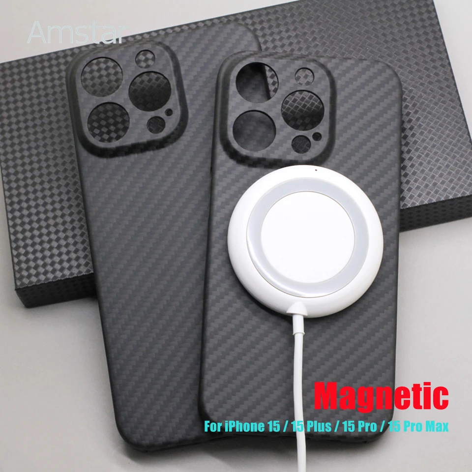 

Amstar Magnetic Carbon Fiber Case for iPhone 15 Pro Max 15 Plus Ultra-thin Lens Protection Aramid Fiber Cover Support Magsafe.