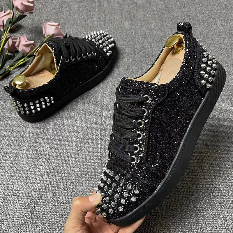 

men's luxury fashion stage nightclub rivets shoes breathable flats studded shoe black silver spikes sneakers cool footwear mans