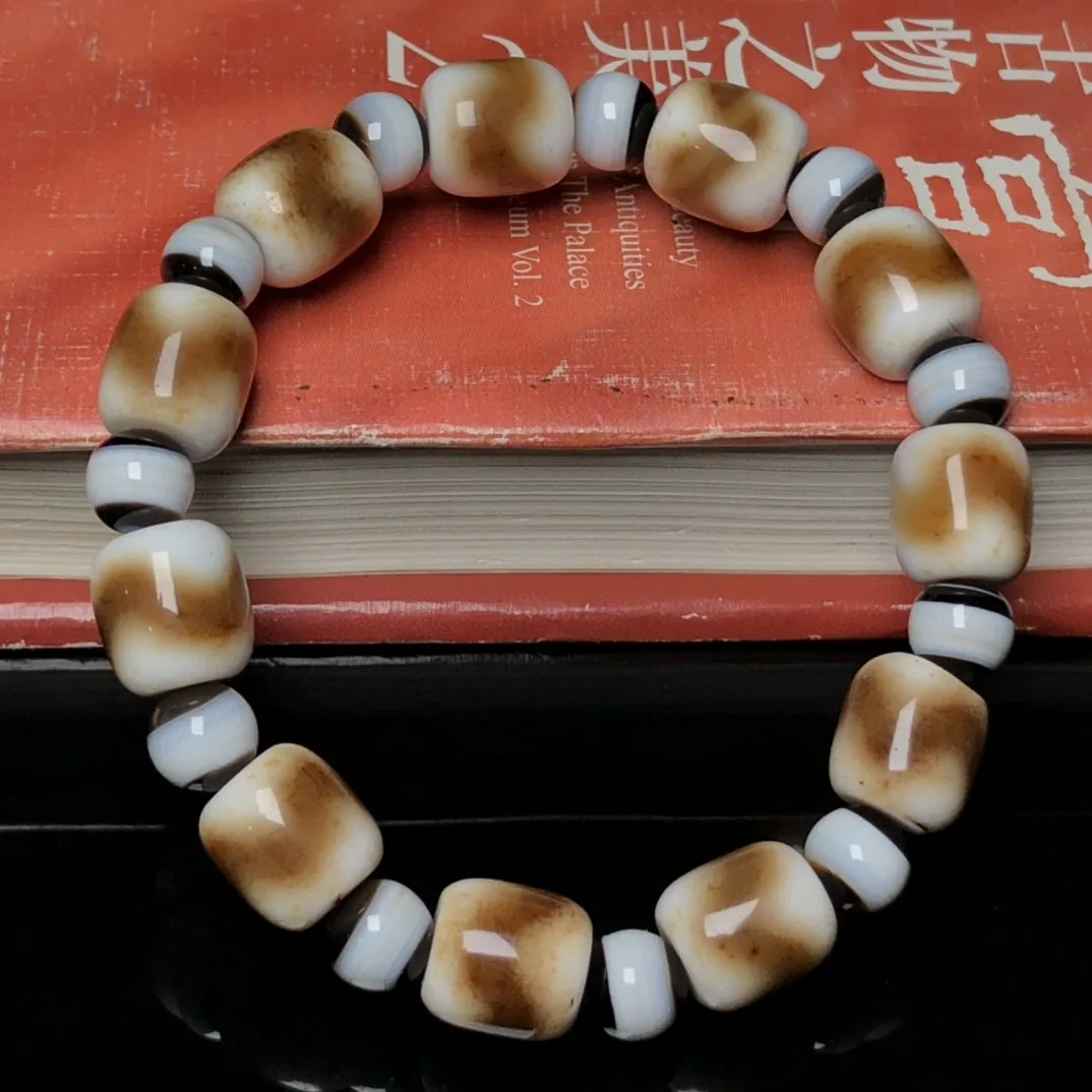 Tibetan white material jade Daluo tiger tooth water pattern dzi old agate drum barrel beads multi-treasure strings bracelets nec