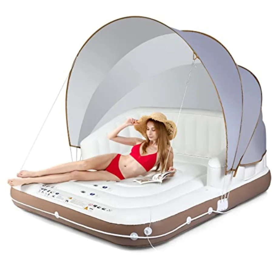 

Inflatable Canopy Island 73 Tanning Pool Lounger Float with Retractable Removable Canopy SPF50+ 3 Comfy Pillows Giant Pool Floa