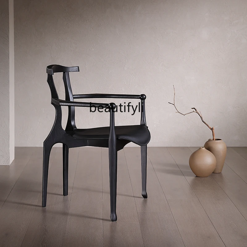 

French Designer Dining Chair Comfortable for Long Sitting Vintage Armrest Solid Wood Chair