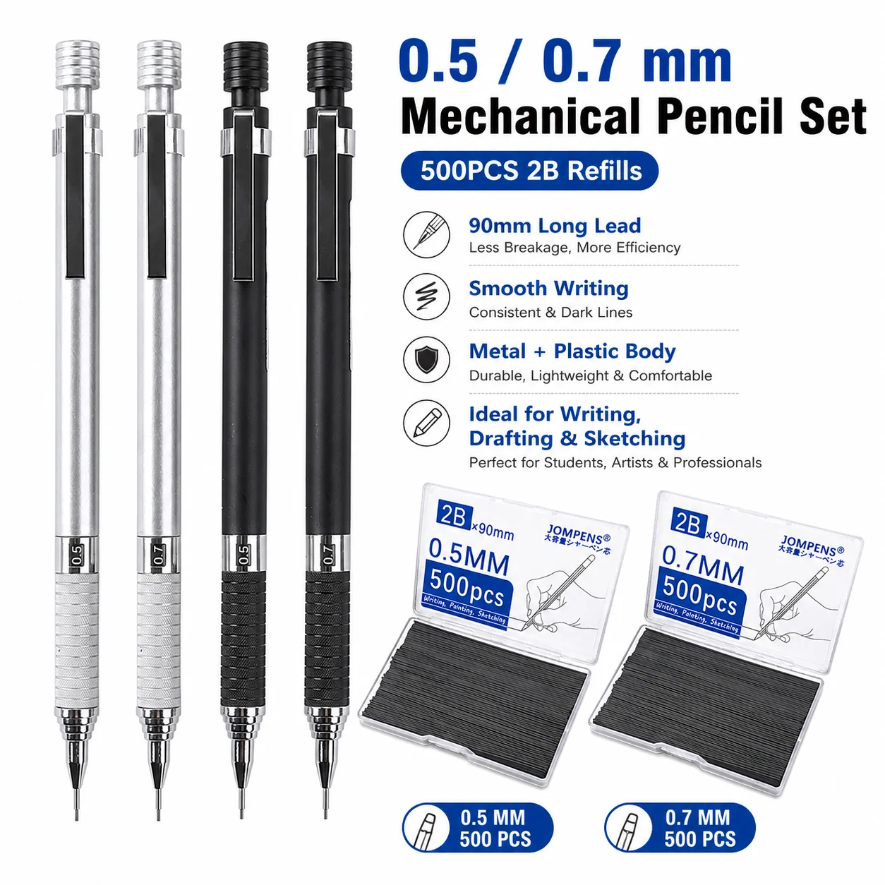 0.5 0.7mm Mechanical Pencil Set with Large Capacity Lead Refill, for School,Office Writing Sketching Automatic Pencil Stationery