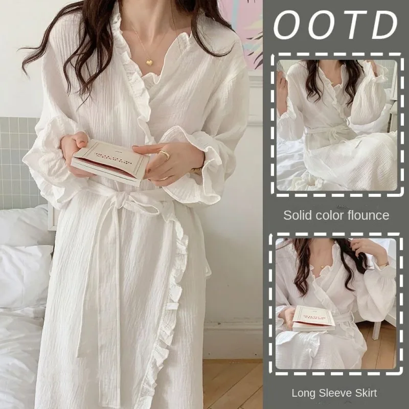 Bathrobe Women Shower Long-Sleeved Robe Autumn and Winter Simple Solid Ruffle Korean Version of the Student Pajamas Bath Rob