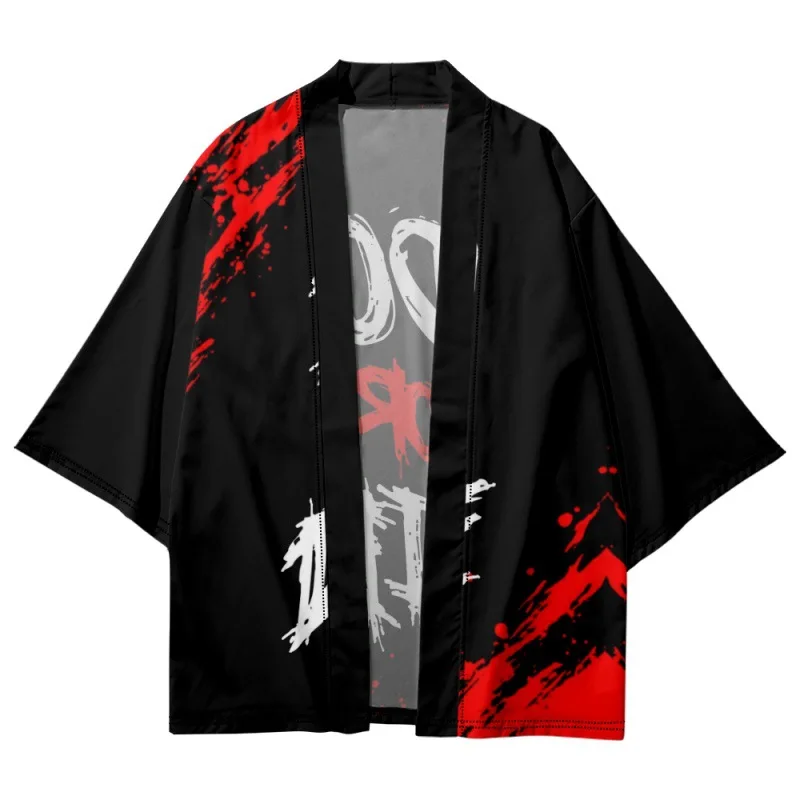 Red White Letter Printed Black Men Women Fashion Kimono Beach Shorts Cardigan Japanese Yukata Clothing Harajuku Haori