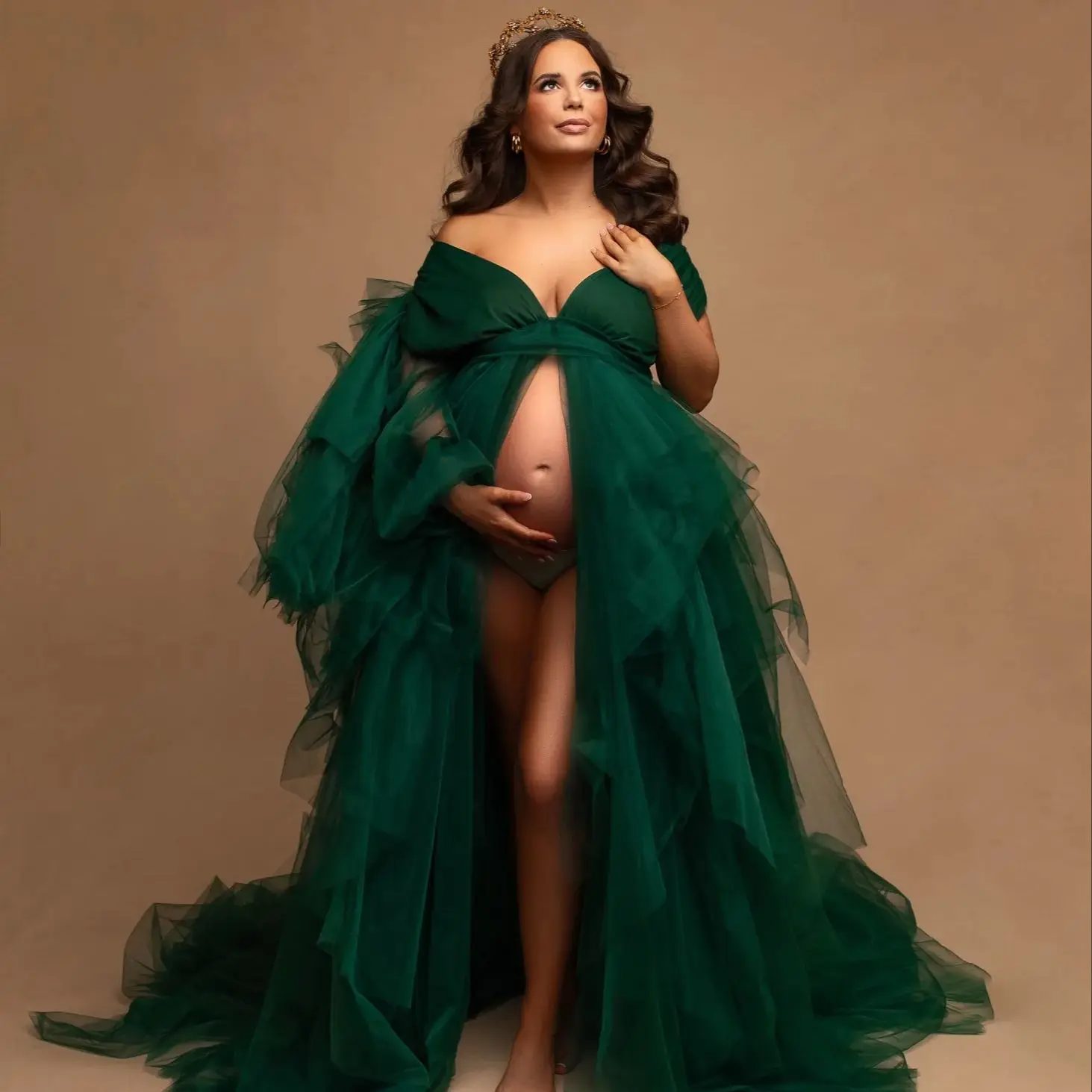 

Green Maternity Gowns for Pregnancy Pleat Front Slit Prom Dresses Tulle Photo Long Pregnant Babyshower Robes Plus Size