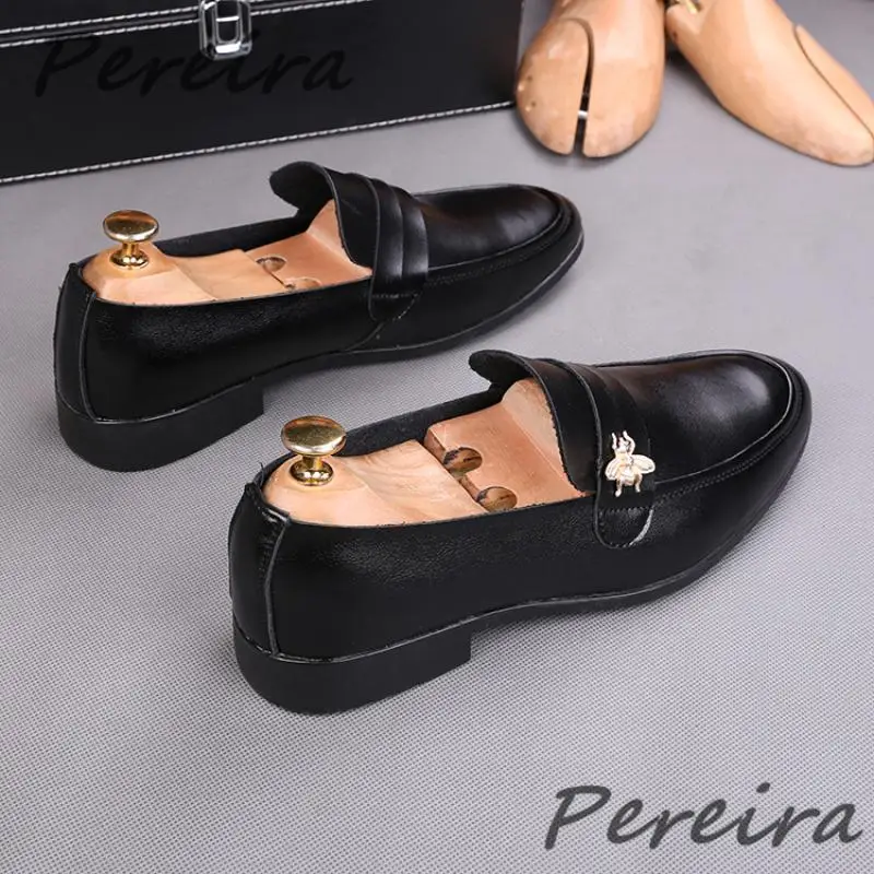White Men's Casual Leather Shoes Luxury Gold Bee Decor Loafers Fashion Male Slip On Flats Spring and Autumn Daily Flat Shoes