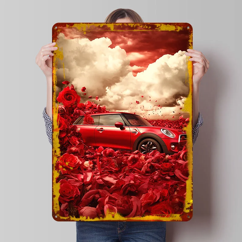 Red UK Car Cooper in Rose Field Printed Poster Customized Wall Art Retro Vintage Metal Tin Signs for Mancave Decoration Gaming