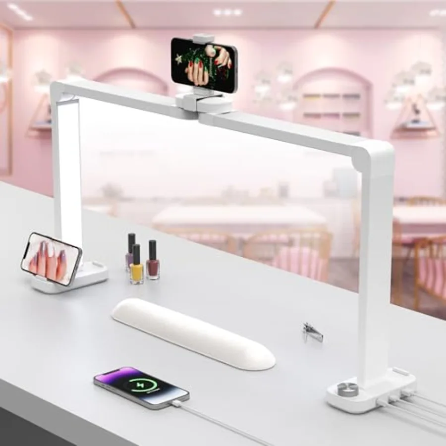 

Nail Desk Lamp for Nail Tech, Foldable 34in 48W Half Moon White Light With Phone Holder and USB Charging Port, 3 Color Temperat