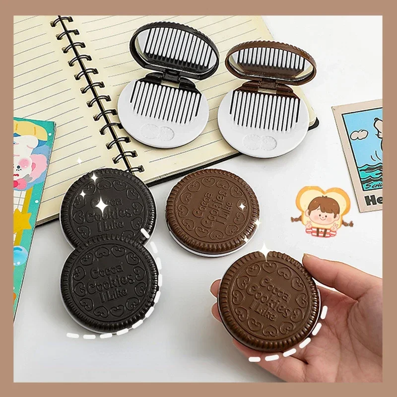 Cookie Kekse Make-Up Spiegel Mini Schokolade Kompakte Make-Up Spiegel mit Kämme Nette Tragbare für Reise Schönheit Werkzeug Dark Kaffee