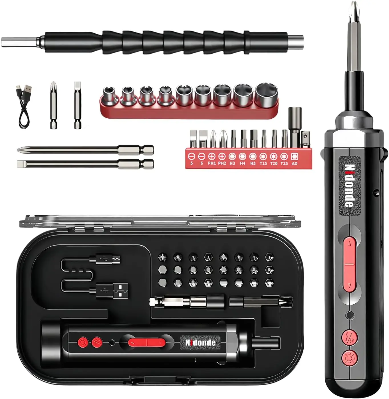 Rechargeable 4.2V Cordless Screwdriver 2000mah with Circuit Sensor Technology, Includes 34pcs Bit, extended screwdriver bit, 4-1