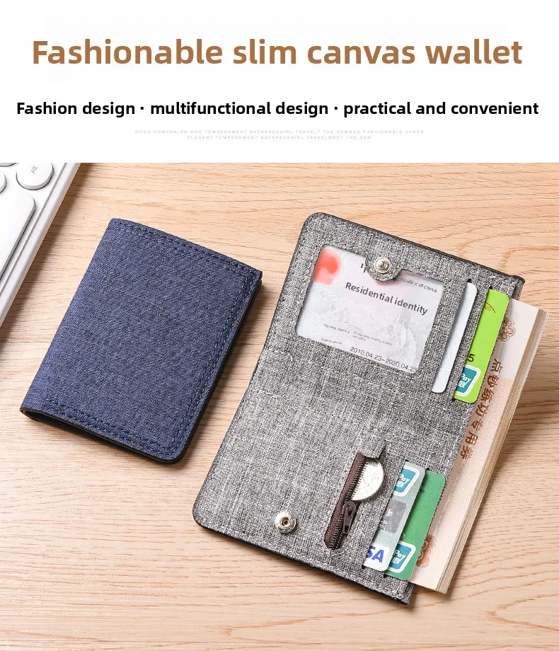 Minimalistische Herren-Geldbörse aus Canvas mit vertikaler Ausrichtung und mehreren Kartenfächern, personalisierte Studentengeldbörse, ultradünne, faltbare kleine Geldbörse. – Detail 1