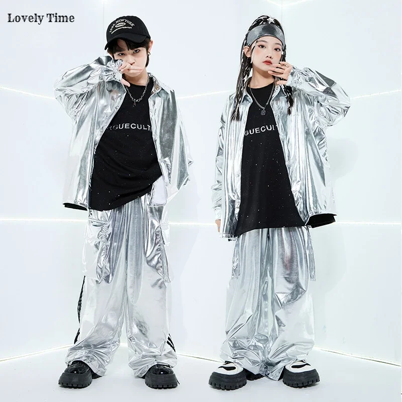 Boys Hip Hop Silver Jacket Street Dance K-pop Cargo Pants Girl PU Leather Clothes Sets Kids Children Teens Jazz Shiny Streetwear