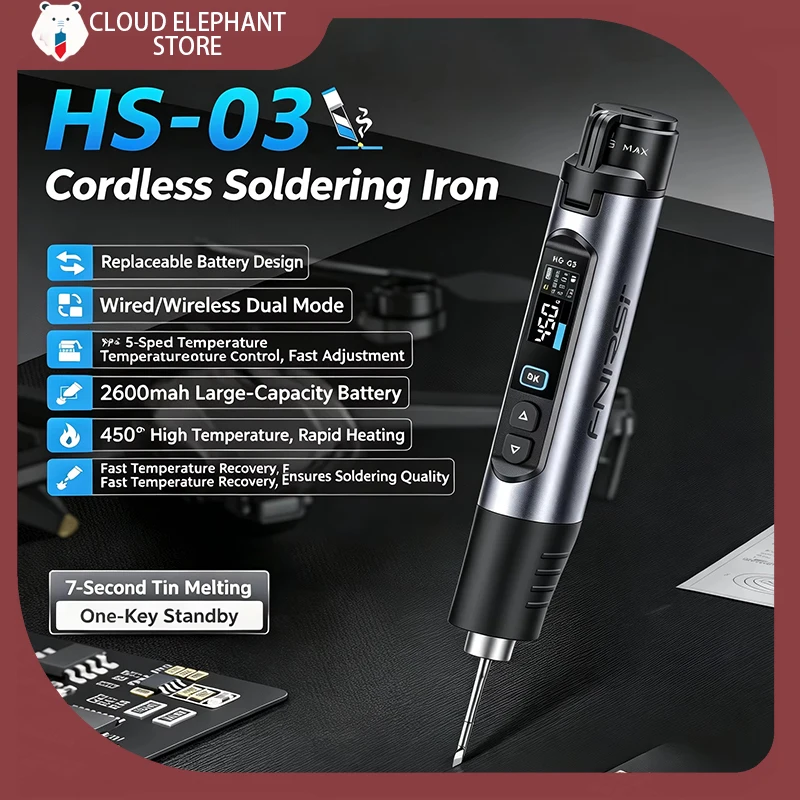 

Hot New FNIRSI HS-03 Smart Cordless Soldering Iron 10WPortable Rechargeable Solder Pen Type-C 100-450℃ 0.96" IPS HD Color Screen