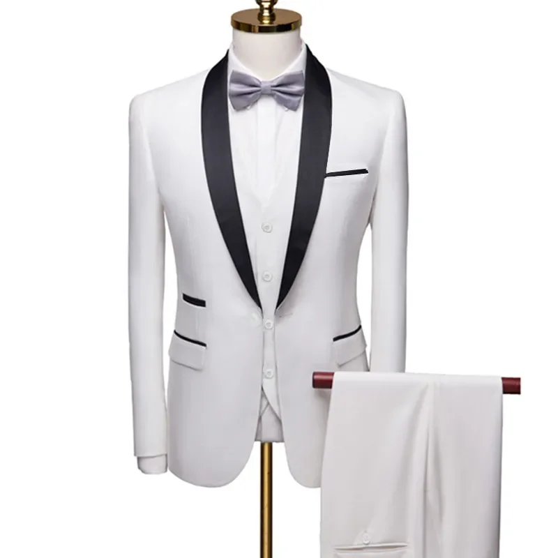 3 Pcs Men Lapel Black Collar Suit Set Coat Vest Trousers / Business Groomsmen Groom Wedding Dress Fprmal Blazer Pants Waistcoat