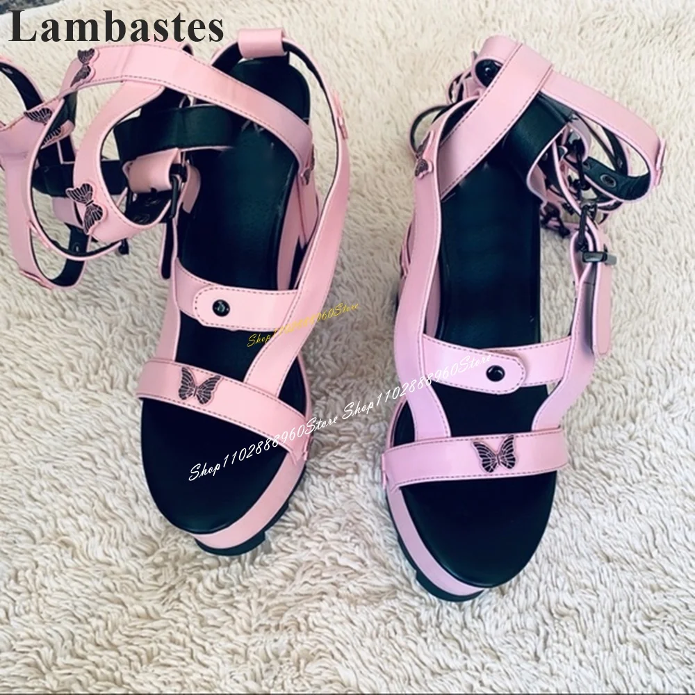 Pink Butterfly Decor Thick Soled Platform Sandals Thick Heel Shoes For Women Buckle Strap 2024 Fashionable Zapatillas Mujer