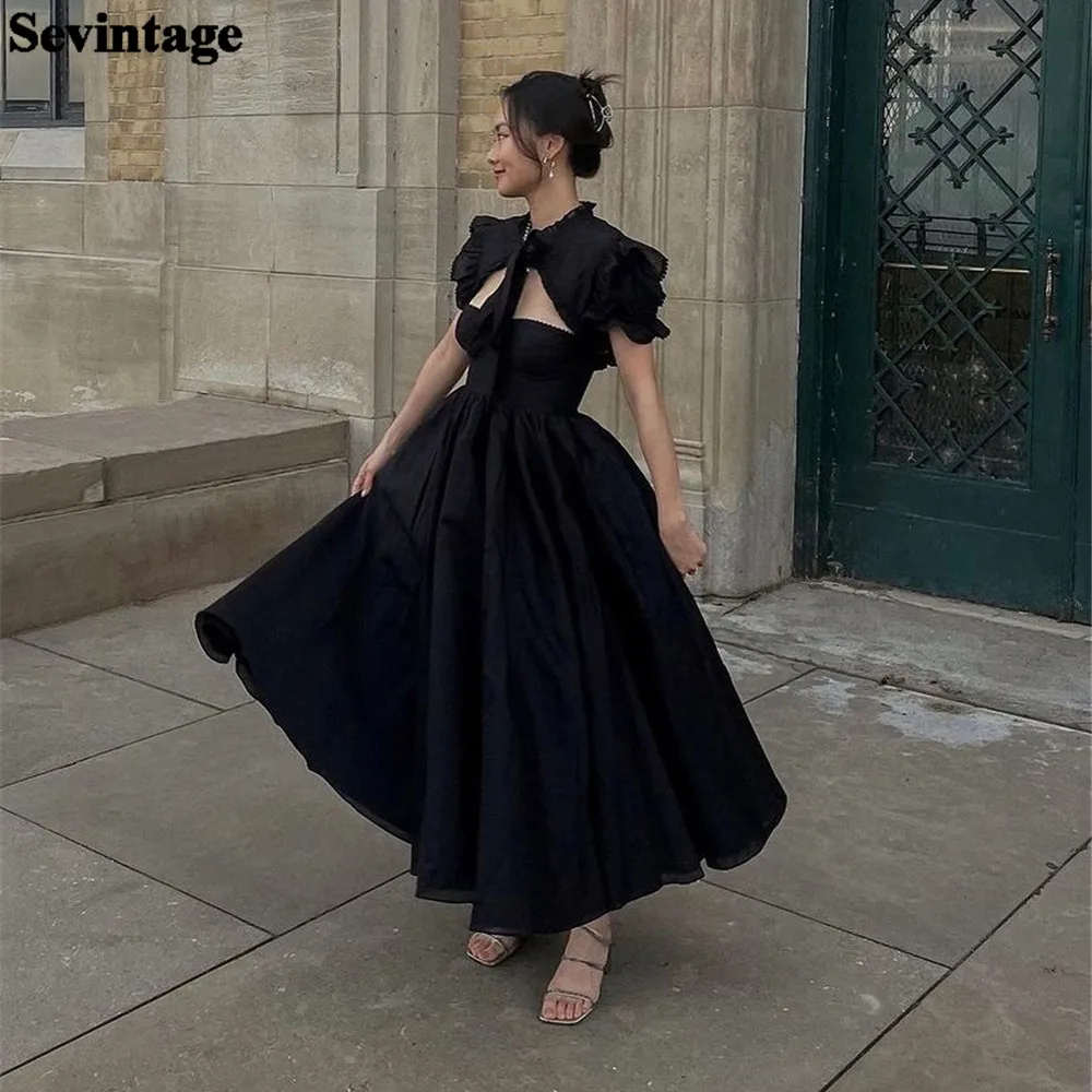 

Sevintage Simple Black Organza Prom Dress A-Line Strapless Ruffles Ruched Floor Length Women Evening Dress vestido de gala 2024