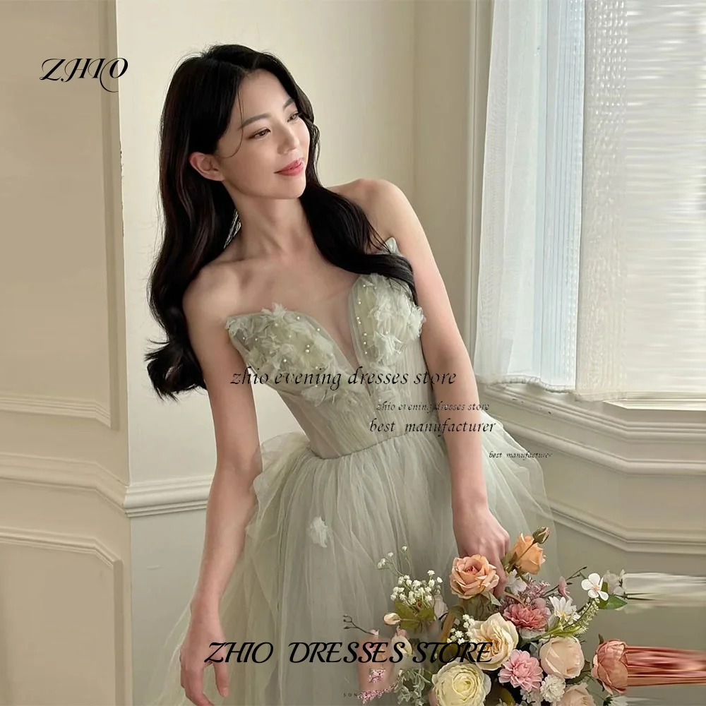 ZHIO فساتين حفلات بسيطة على شكل حرف a باللون الأخضر الفاتح من التل فساتين زفاف كورية بدون حمالات مخصصة مشد فساتين سهرة لحفلات الزفاف
