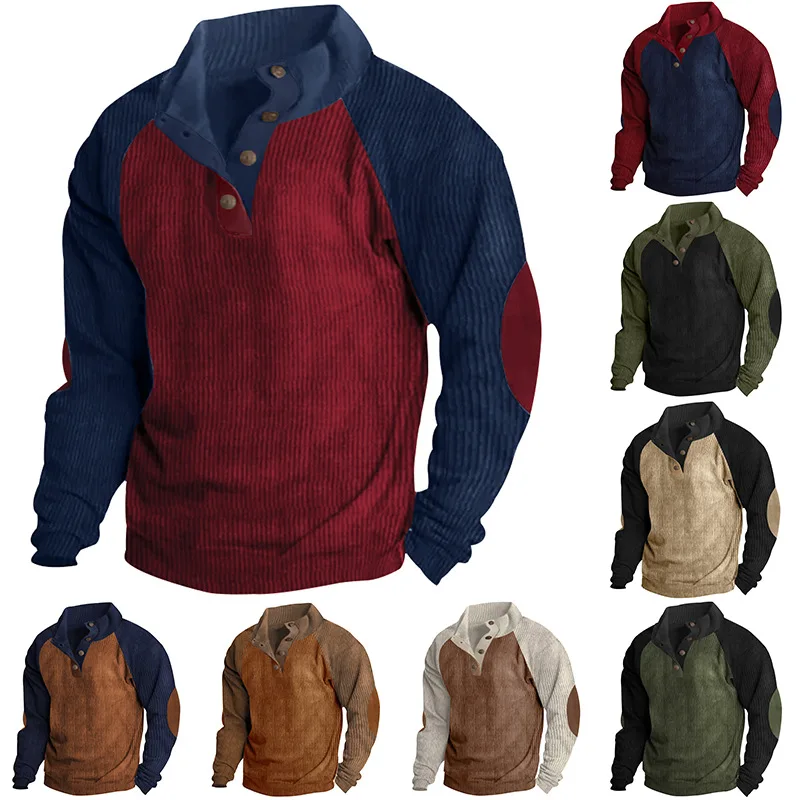 

Men's Raglan Casual Stand Up Neck Sports Sweater Autumn/Winter Contrast Corduroy Men's Coat Jacket