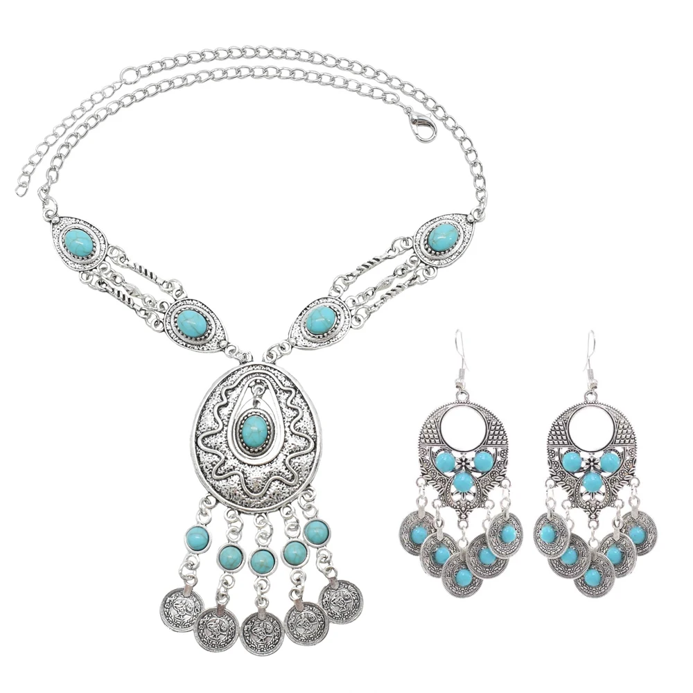 Vintage Silvery Coin Imitation Turquoise Rhinestone Tassel Necklace Earrings for Women Traditional Kazakhstan Ethnic Jewelry Set