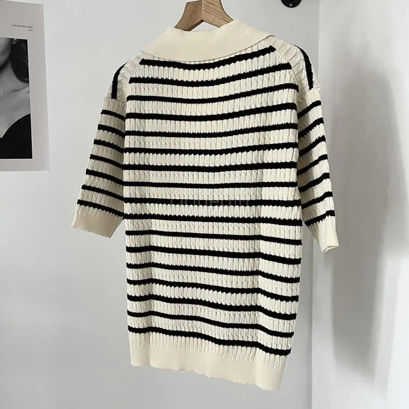 Donegirl Fashion 2023 Women New Summer Short Sleeve Striped Knitted Sweater Polo T-shirt Casual Simple Pullover Tops Female Chic