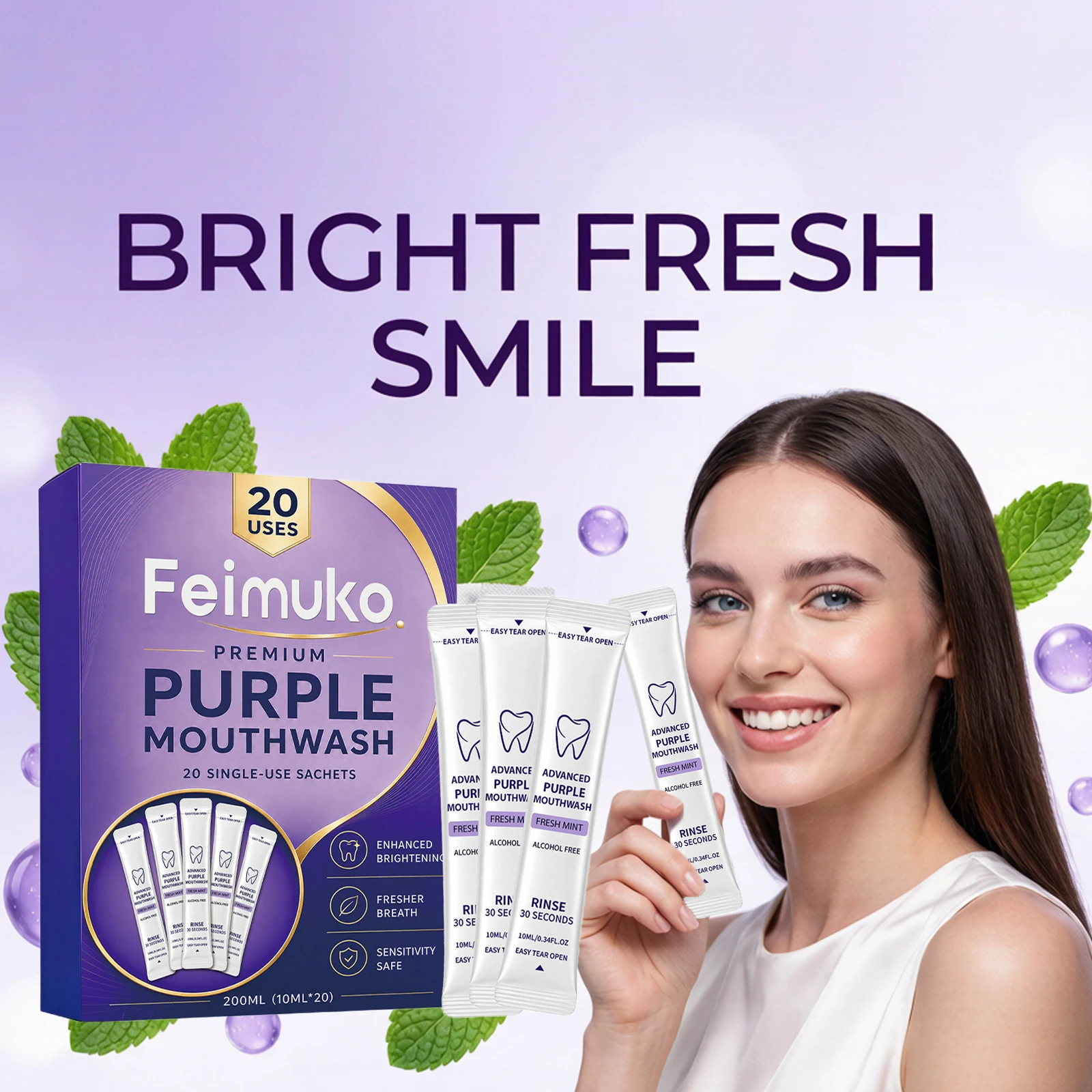 Feimuko Purple Whitening Mouthwash Gentle Brightening Remove Stains Fresh Breath Non Irritating Gum Health Portable Oral Care