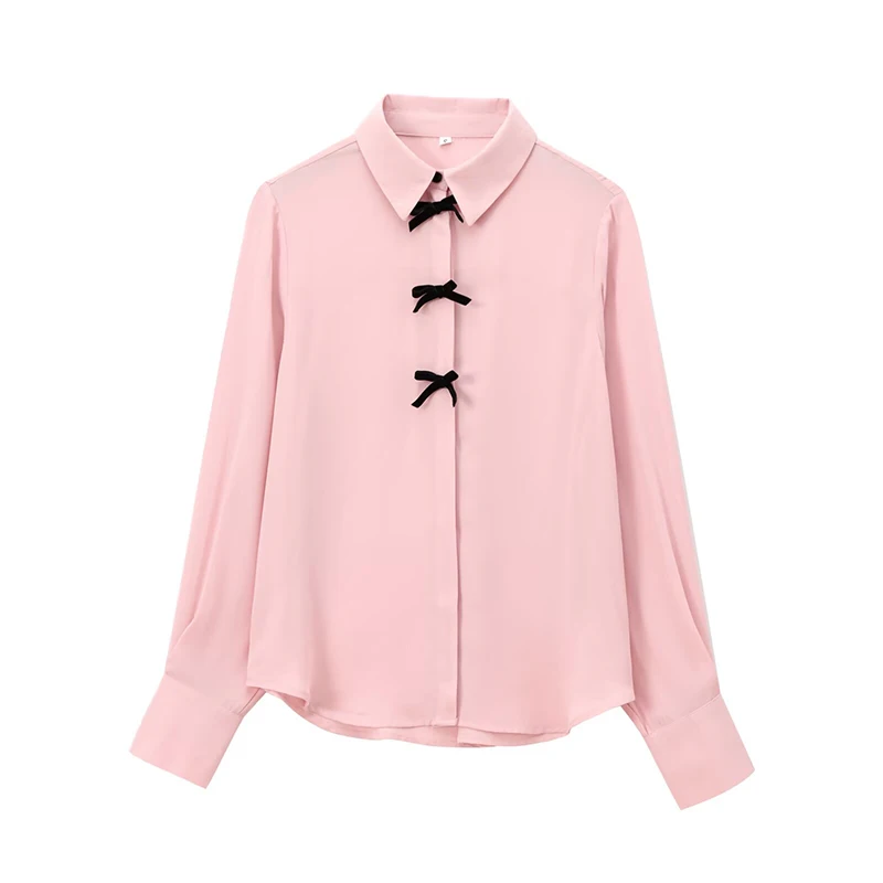 New Women Office Wear Velvet Bow Pink Shirt Long Sleeve High Street Lapel Collar Casual Blouse blusas mujer