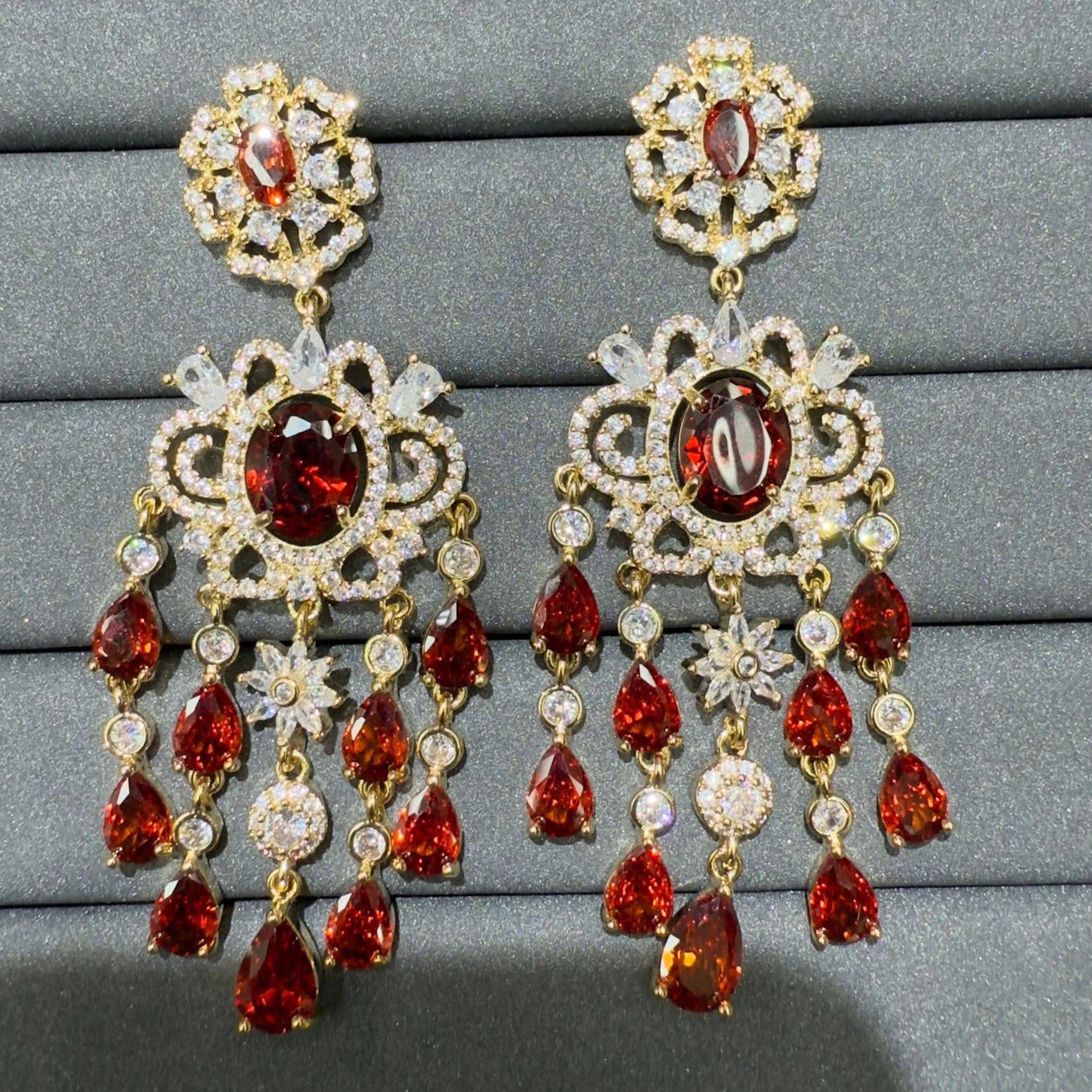 Gorgeous Multicolor CZ Long Tassel Dangle Earring for Women Dinner Party Wedding Large Flower Teardrop Earrings Green Orange Red