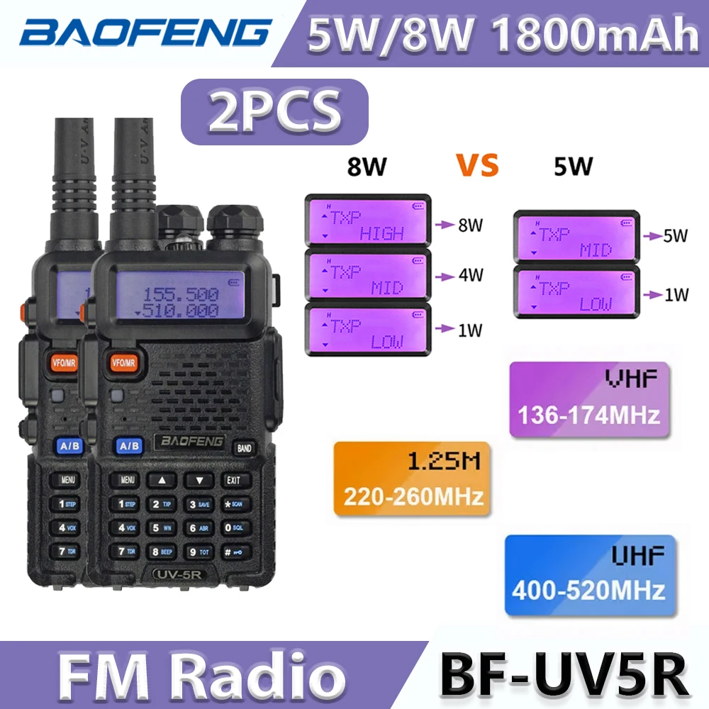 2PCS Baofeng UV-5R 5W/8W 1800mAh Walkie Talkie Portable Ham FM Radio  VHF UHF Dual Band  Transceiver Two Way Radio