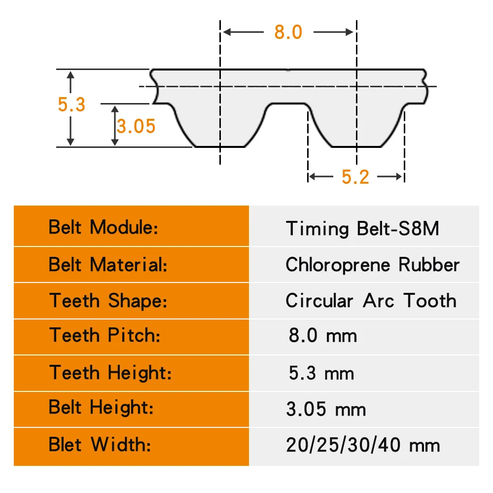Imagem -03 - Correia Dentada S8m2832 2848 2880 2904 2992 3048 3200 3272 3280 3304 Dentes Passo mm Largura da Correia de Transmissão de Borracha 20 25 30 40 mm