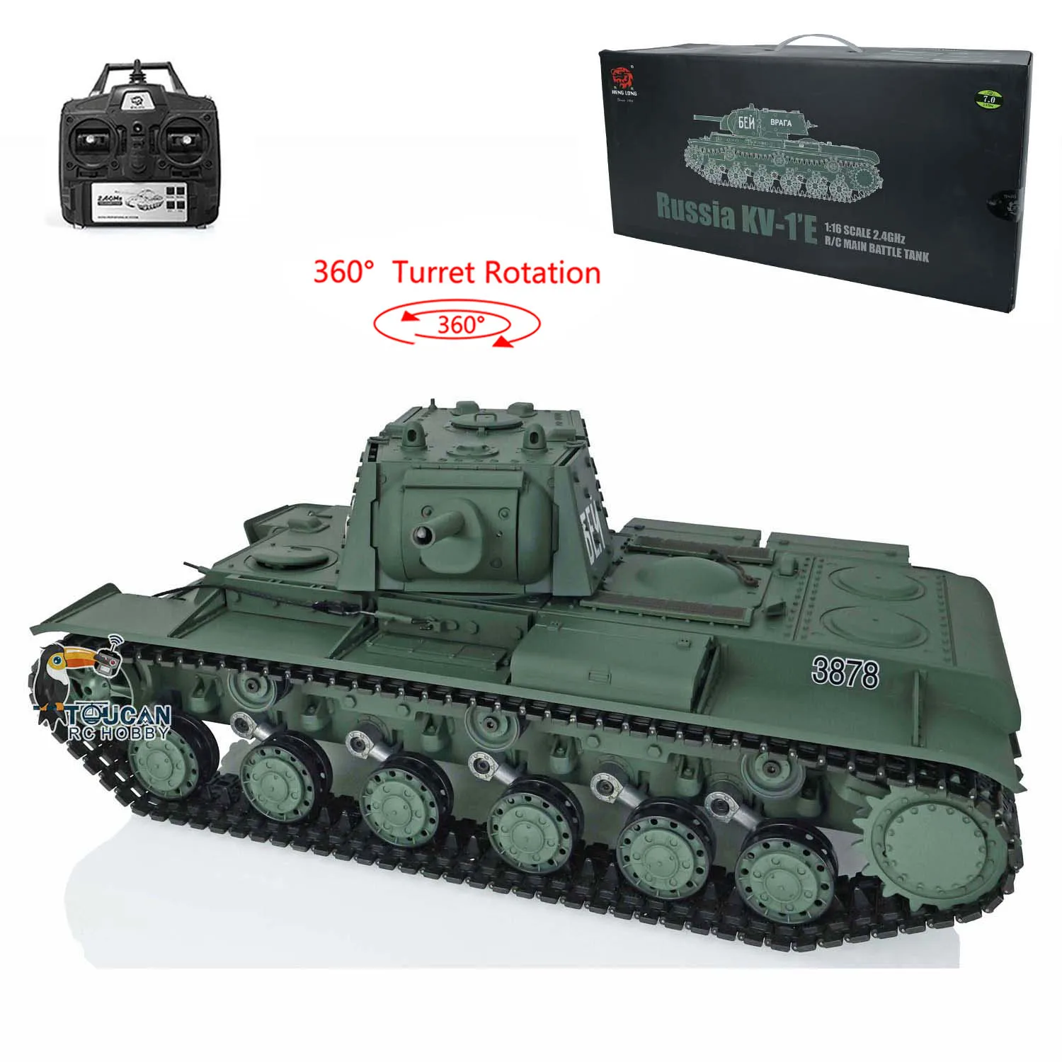 2.4G 1/16 Scale Heng Long 7.0 Plastic Soviet KV-1 RTR RC Tank 3878 360° Turret Engine Sound BB Shooting Toys for Boys TH17462