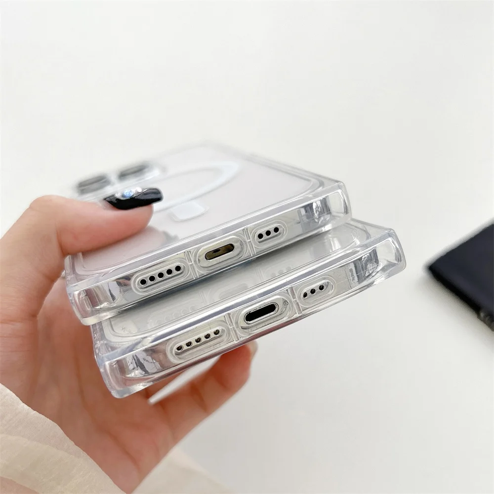 Luxury 2 in 1 Square Magnetic Wireless Charging Case for iPhone 16 Pro Max 12 13 Pro 14 15 16 Plus Transparent Clear Rugged Case
