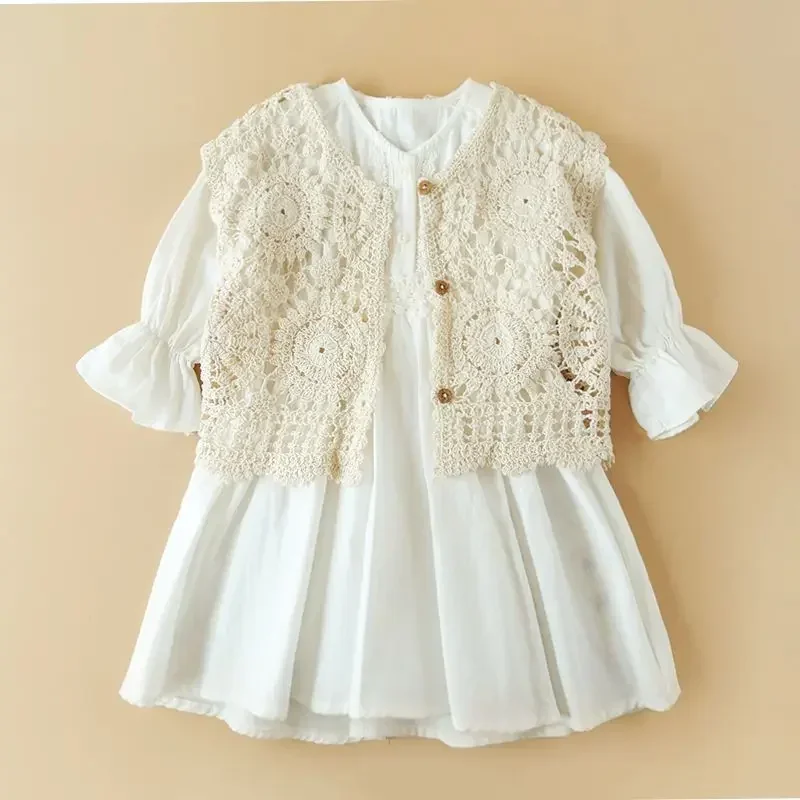 

New Arrival Children Casual Hollow Out Jackets Embroidery Cardigan Beige Camisole Kids Girls Lace Vest Outwear Knitted Tops 2025