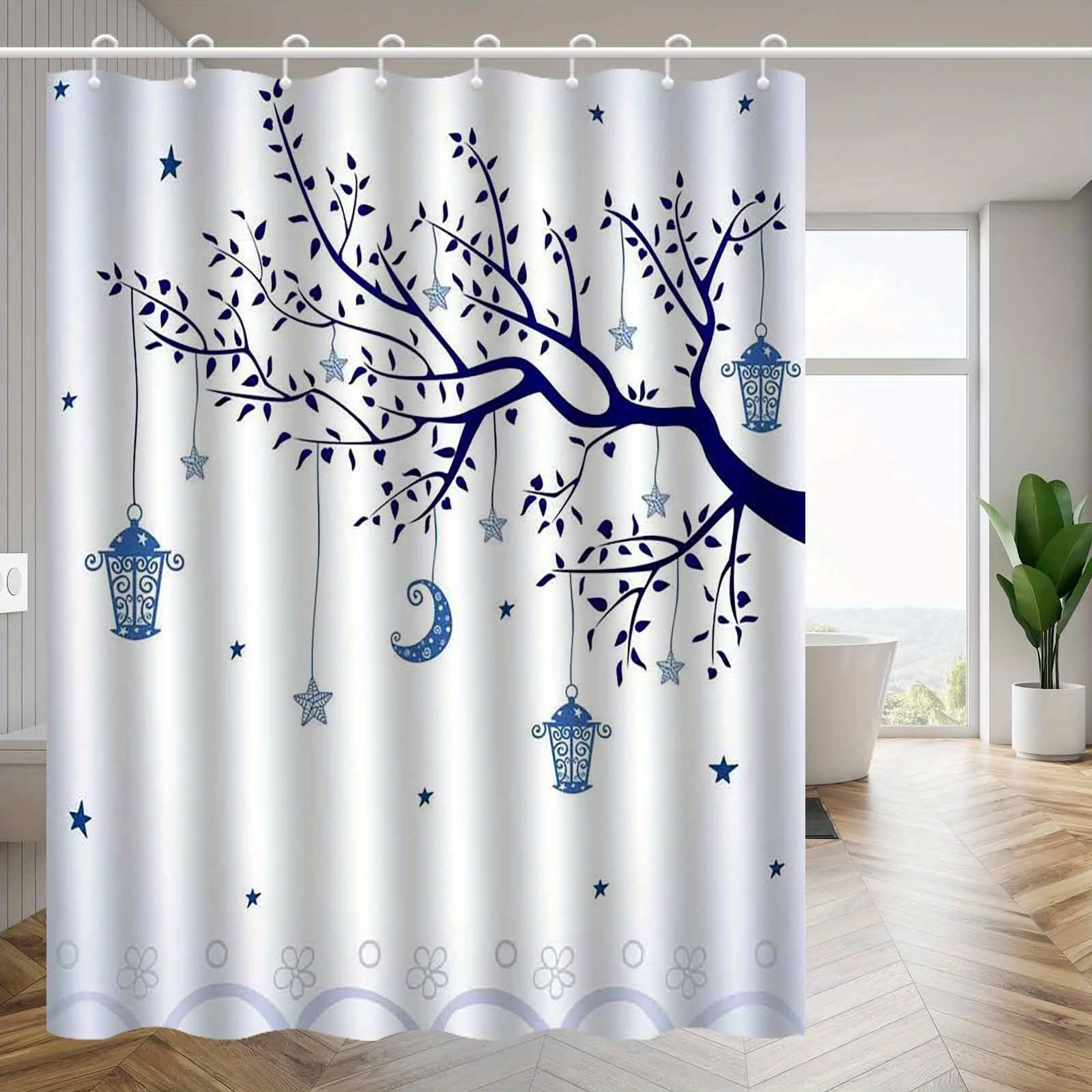 

1pc Shower curtain with moon, stars and branches pattern, polyester fabric, machine washable, suitable for bathroom decoration