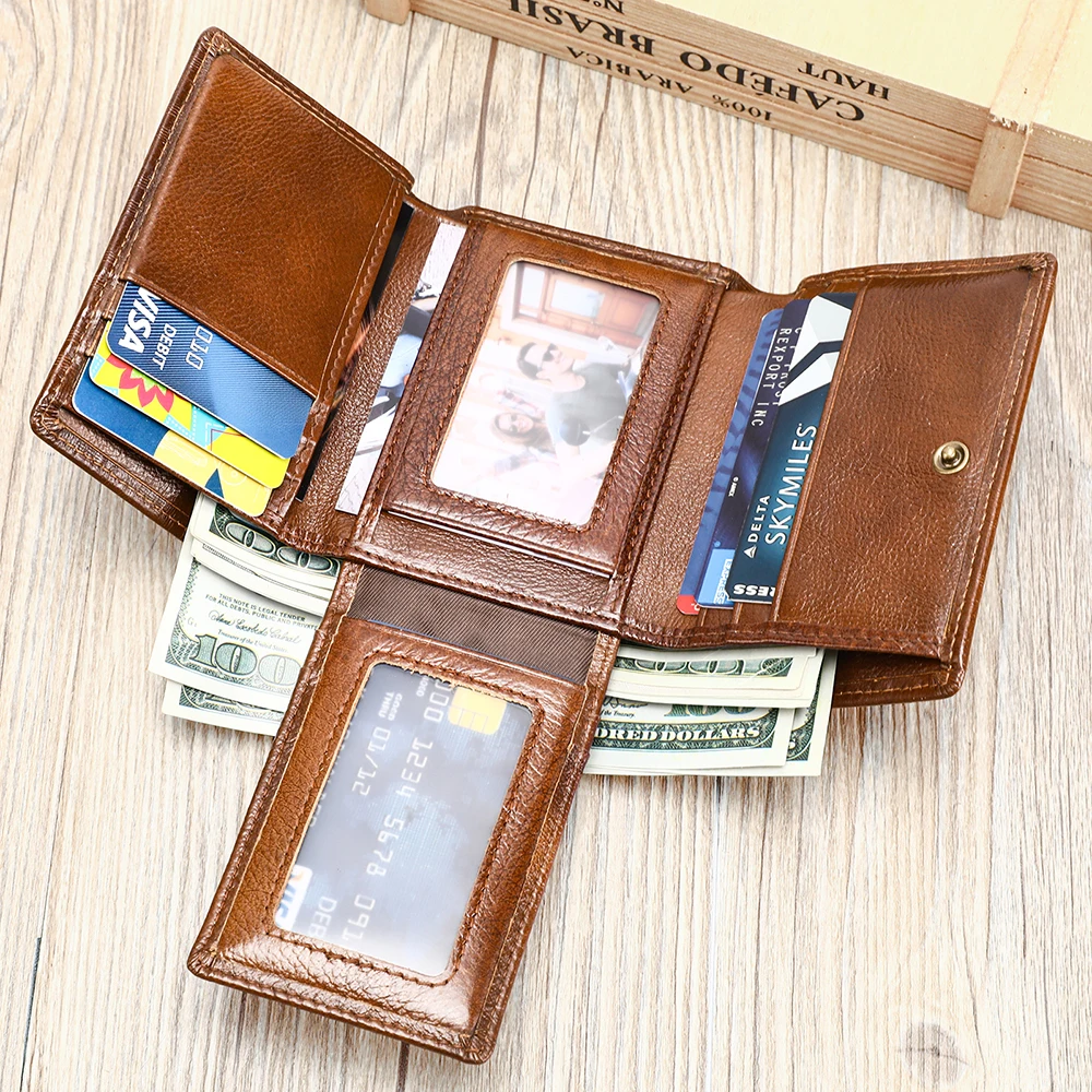 RFID Luxury Cowhide Short Wallet Men's Premium Retro Leather Anti-Theft Card Bag Men's Leather Multi-Card Wallet Purse