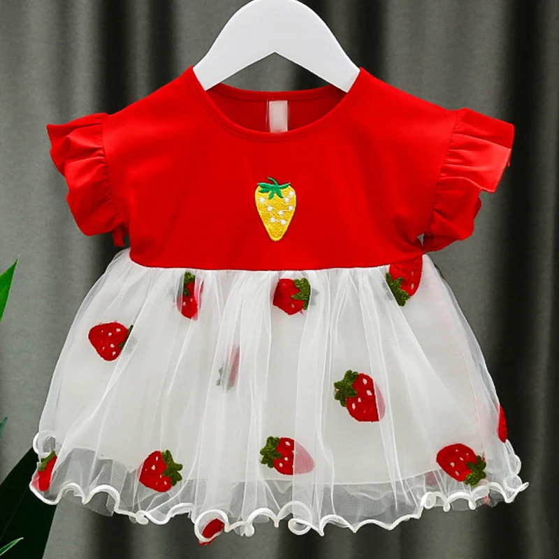 

Baby Girl Dress Ruffle Sleeve Princess Dress Strawberry Cute Tulle Dress Birthday Party Tutu Ball Gown Casual Kid Clothing A958