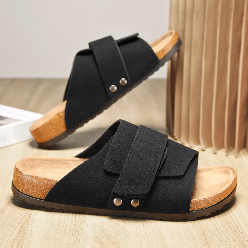 Cork Slippers Men Summer Beach Slides Suede Leather Womens Flat Sandals Fashionable Outdoor Male Mules Non Slip Babouche Femm