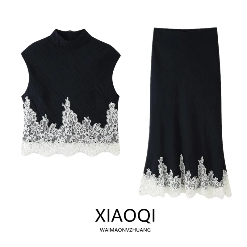 Women's Short Sleeve Lace Patchwork Pleated Stand Collar Top Early Autumn New Arrival Fashionable Casual Wear