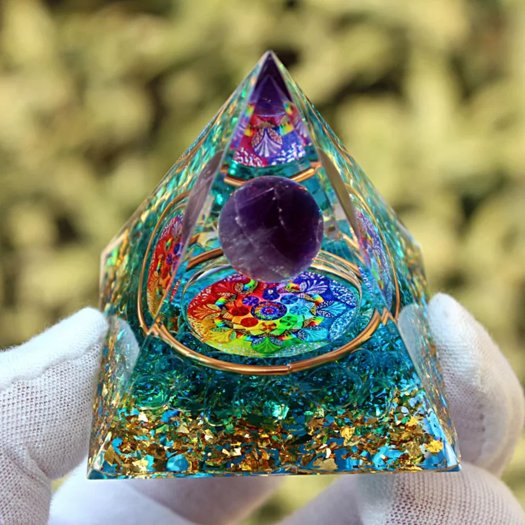 Orgonite Pyramid Natural Amethyst Sphere Resin Energy Generator Mandala Pattern Healing Home Desk Decor Meditation Gift