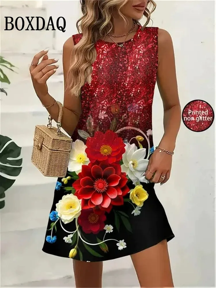 Blumen-Schmetterlingsdruck-Kleider für den Sommer 2022, Damen-Vintage-ärmelloses Minikleid, lässige Weste, lockeres Strand-Kurzkleid, Sommerkleid