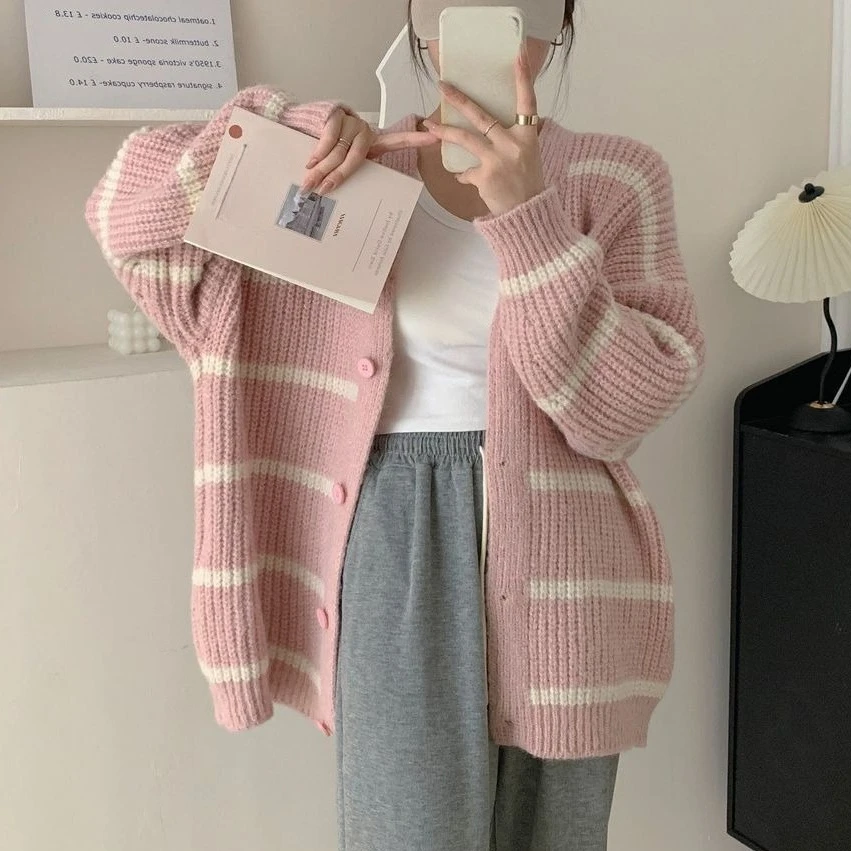 

Korean lazy style y2k jacket autumn winter retro v-neck oversized thin sweater trendy contrasting striped knitted cardigan women