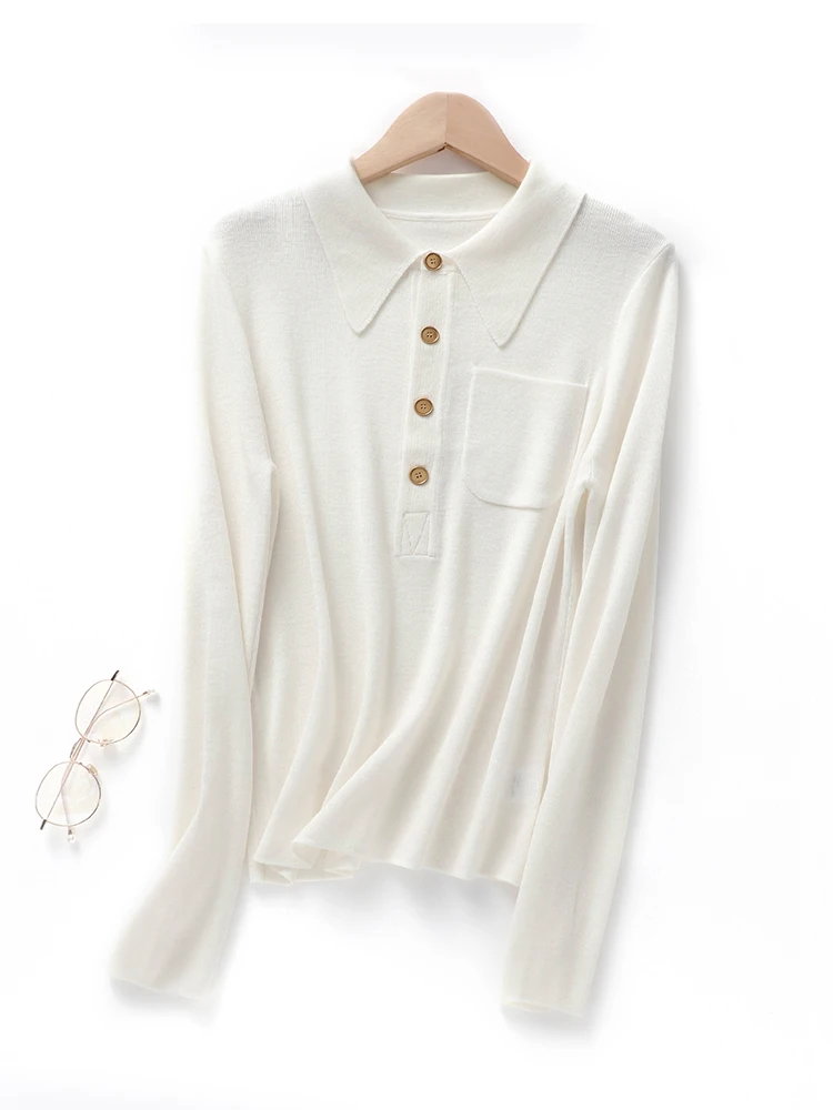 

Women Fine Wool Sweater Polo Collar Long Sleeve Sllimming Pullover Autumn Winter 100% Merino Wool Knitwear Clothing Shirt Top