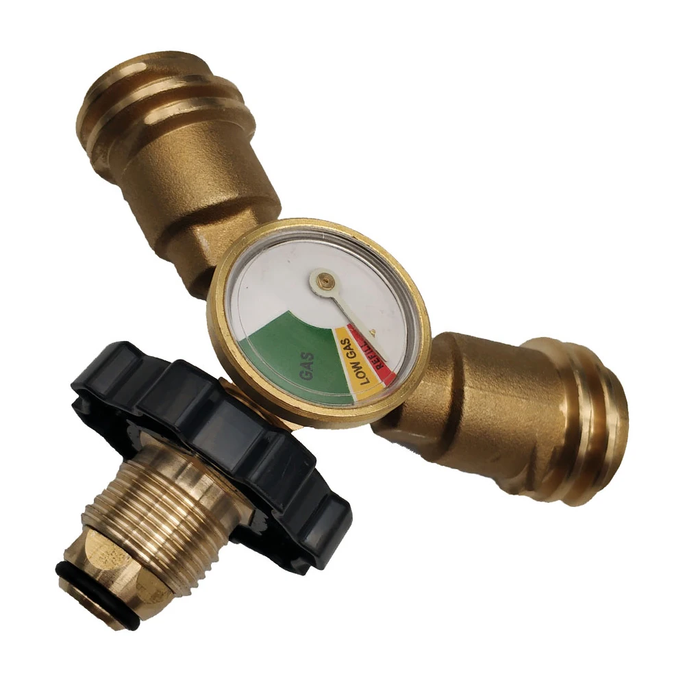 Brass 20-50 Lbs Propane Cylinder POL Type Connection Y-splitter Adapter with Gauge Meters for BBQ Grill Metal Connector Set