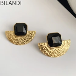 Bilandi Retro Jewelry Hot Sale Fan Shape Transparent Black Stud Earrings For Women Girl Gift Popular Style