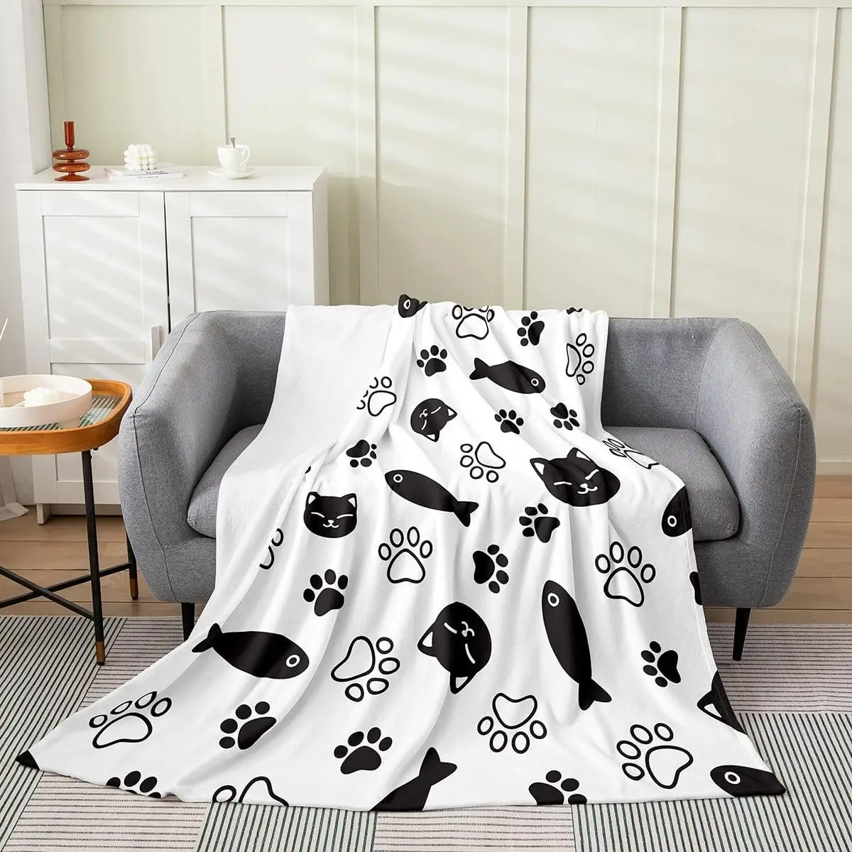 Cartoon Cat Fish Pet Flannel Blanket Boys Girls,Black White Fuzzy Blanket All Season Bed Blanket,Cute Cat Paw Print