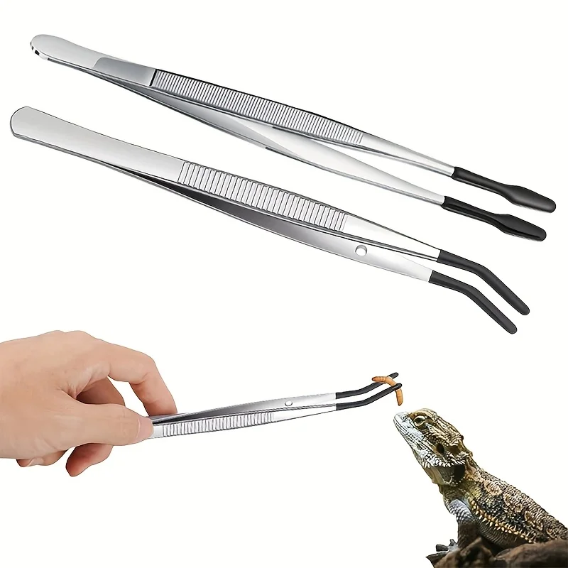 Pinzas de alimentación para reptiles de acero inoxidable con punta de goma, pinzas largas planas y curvas de 10,6 pulgadas para acuario o manualidades, Bearded Dra